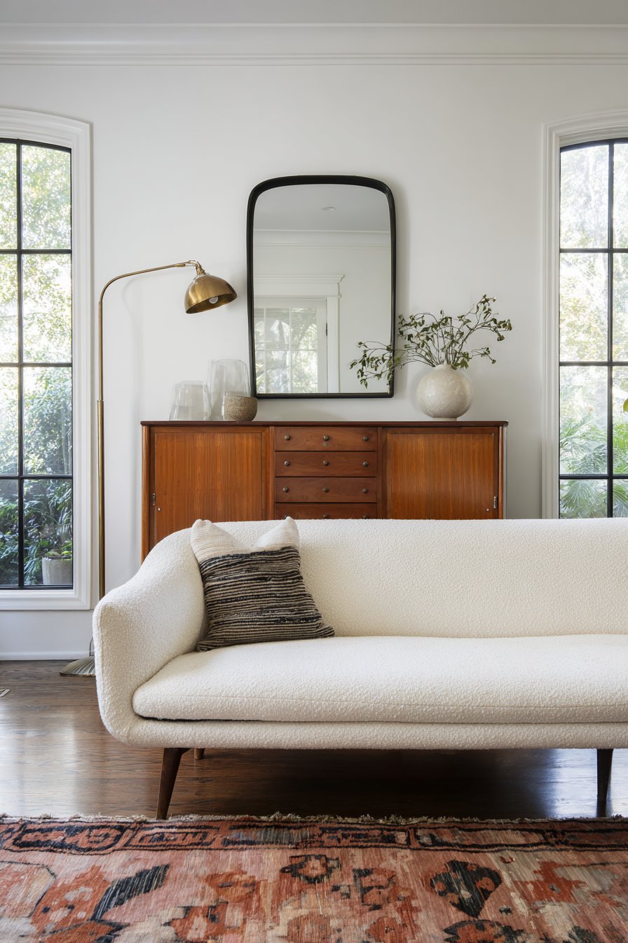 Vintage teak credenza with thin black-framed mirror, cream bouclé sofa, kilim rug and brass floor lamp