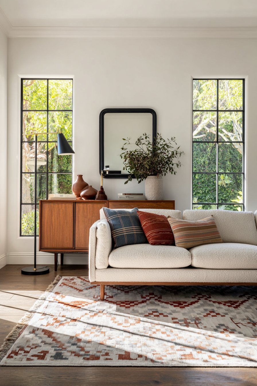 Vintage teak credenza with thin black-framed mirror, cream bouclé sofa, kilim rug and brass floor lamp