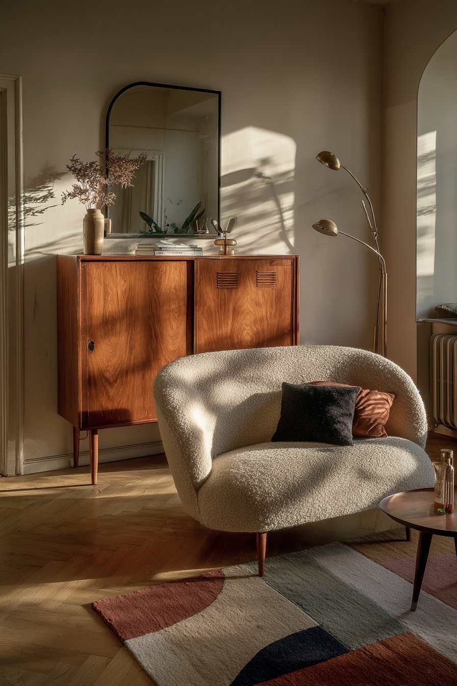 Vintage teak credenza with thin black-framed mirror, cream bouclé sofa, kilim rug and brass floor lamp