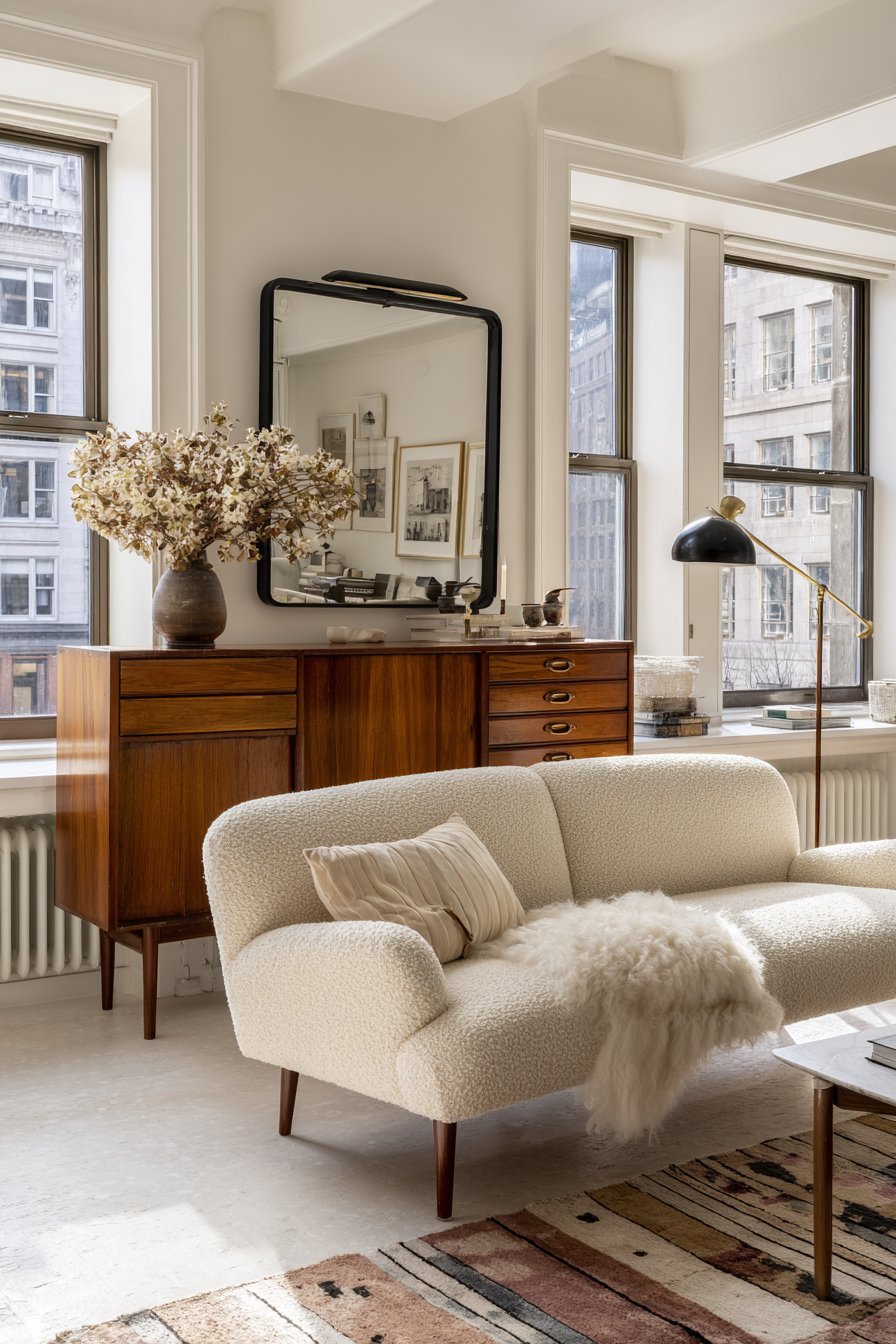 Vintage teak credenza with thin black-framed mirror, cream bouclé sofa, kilim rug and brass floor lamp