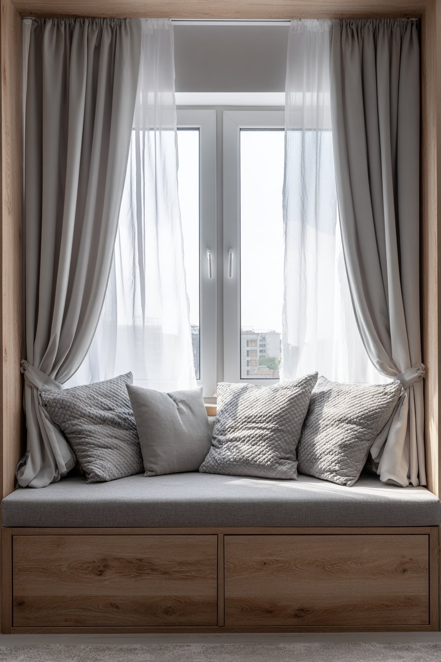 Small bedroom window seat with lift-up storage, grey cushions and a natural maple twin bed