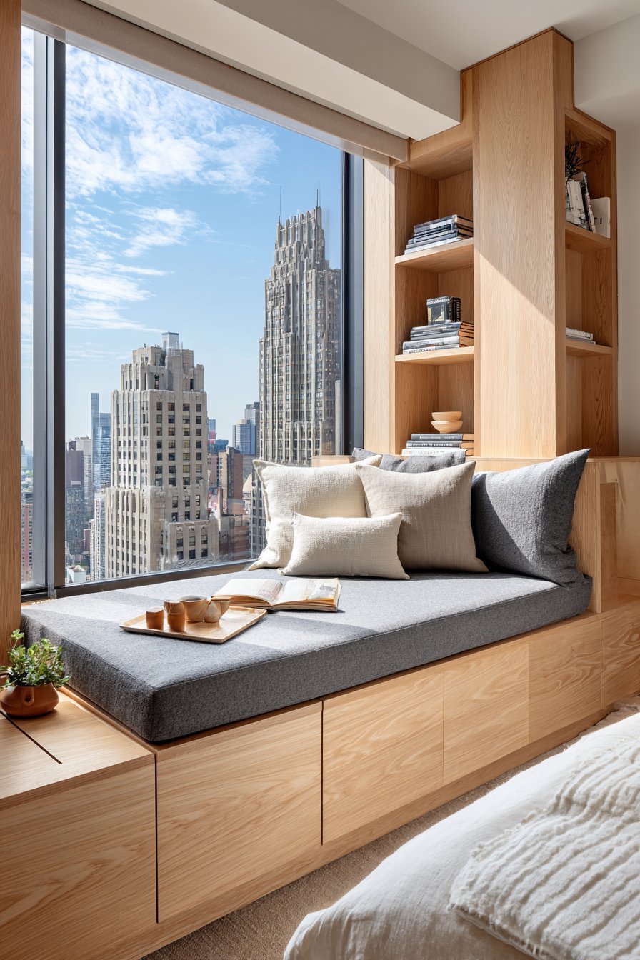 Small bedroom window seat with lift-up storage, grey cushions and a natural maple twin bed