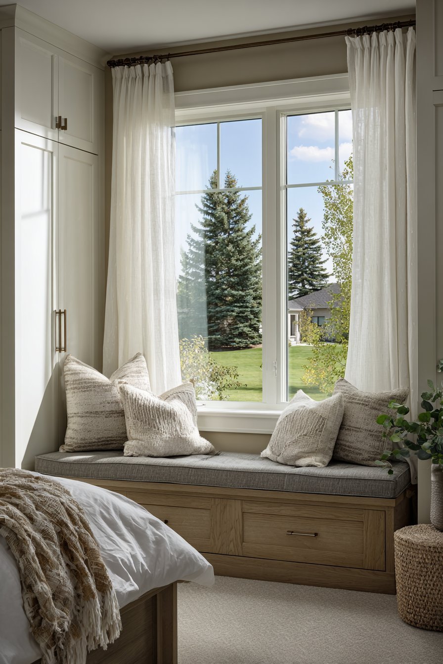 Small bedroom window seat with lift-up storage, grey cushions and a natural maple twin bed