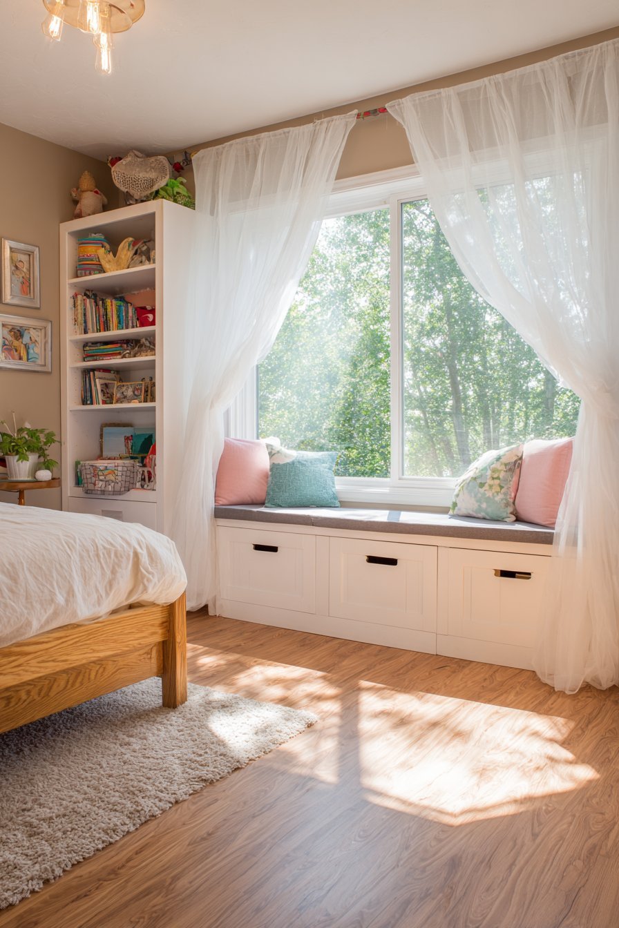 Small bedroom window seat with lift-up storage, grey cushions and a natural maple twin bed
