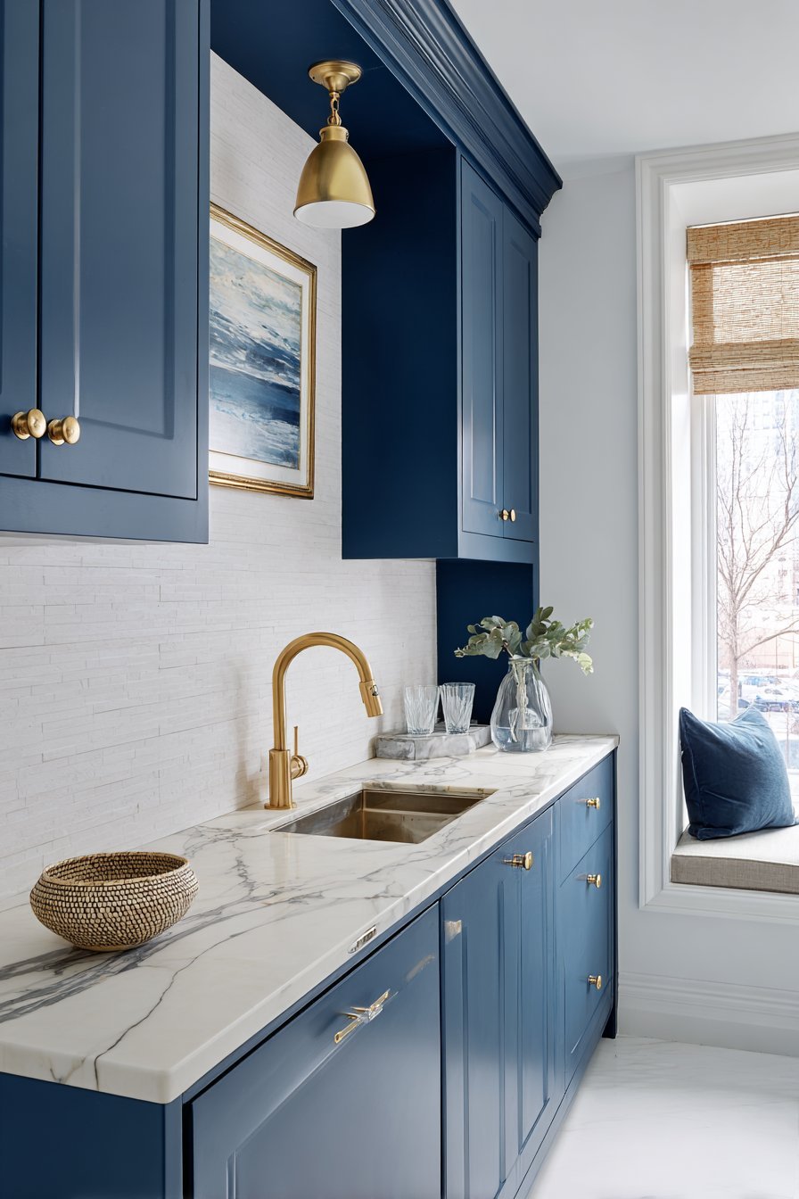 Navy shaker cabinets with brass pulls, white marble counters and navy-grouted subway tile