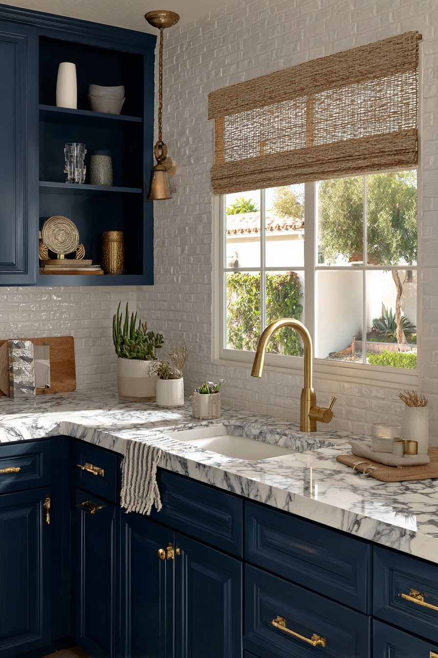 Navy shaker cabinets with brass pulls, white marble counters and navy-grouted subway tile