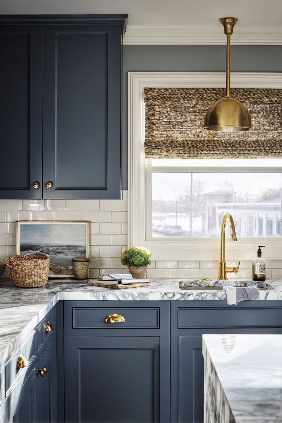 Navy shaker cabinets with brass pulls, white marble counters and navy-grouted subway tile