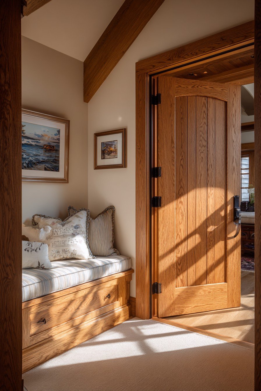Craftsman quarter-sawn oak bedroom door with three panels, iron strap hinges and a window seat beyond