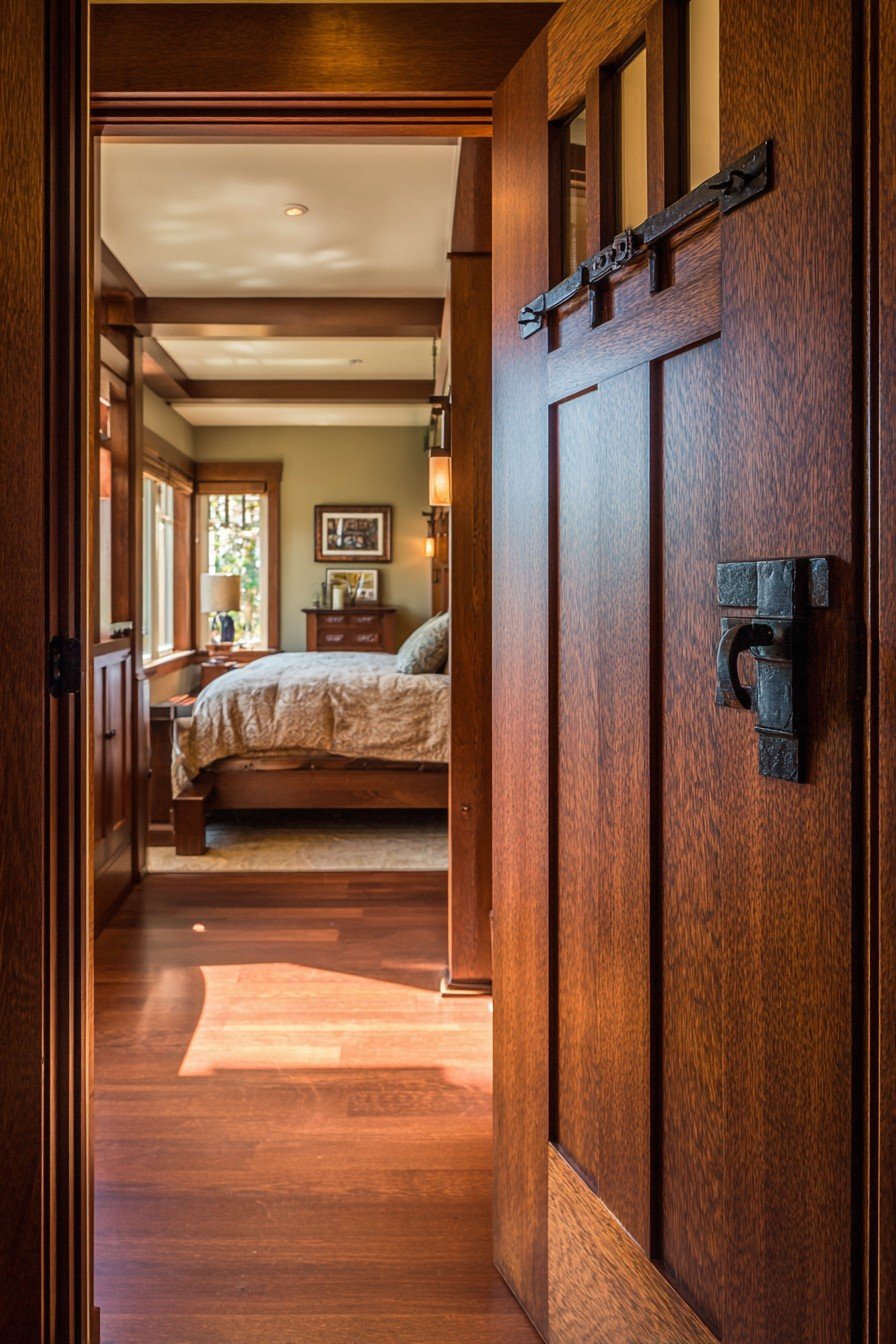 Craftsman quarter-sawn oak bedroom door with three panels, iron strap hinges and a window seat beyond