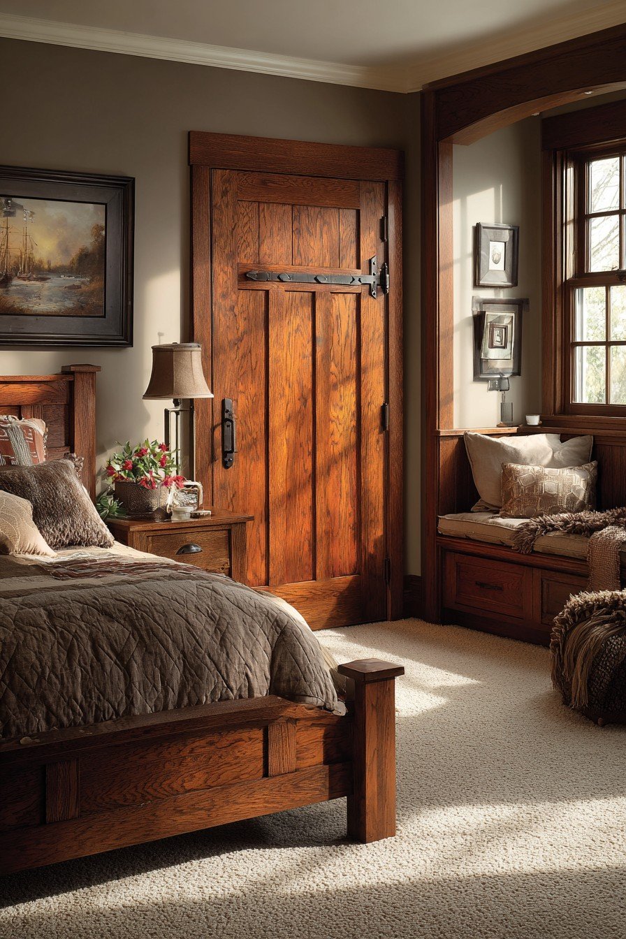 Craftsman quarter-sawn oak bedroom door with three panels, iron strap hinges and a window seat beyond