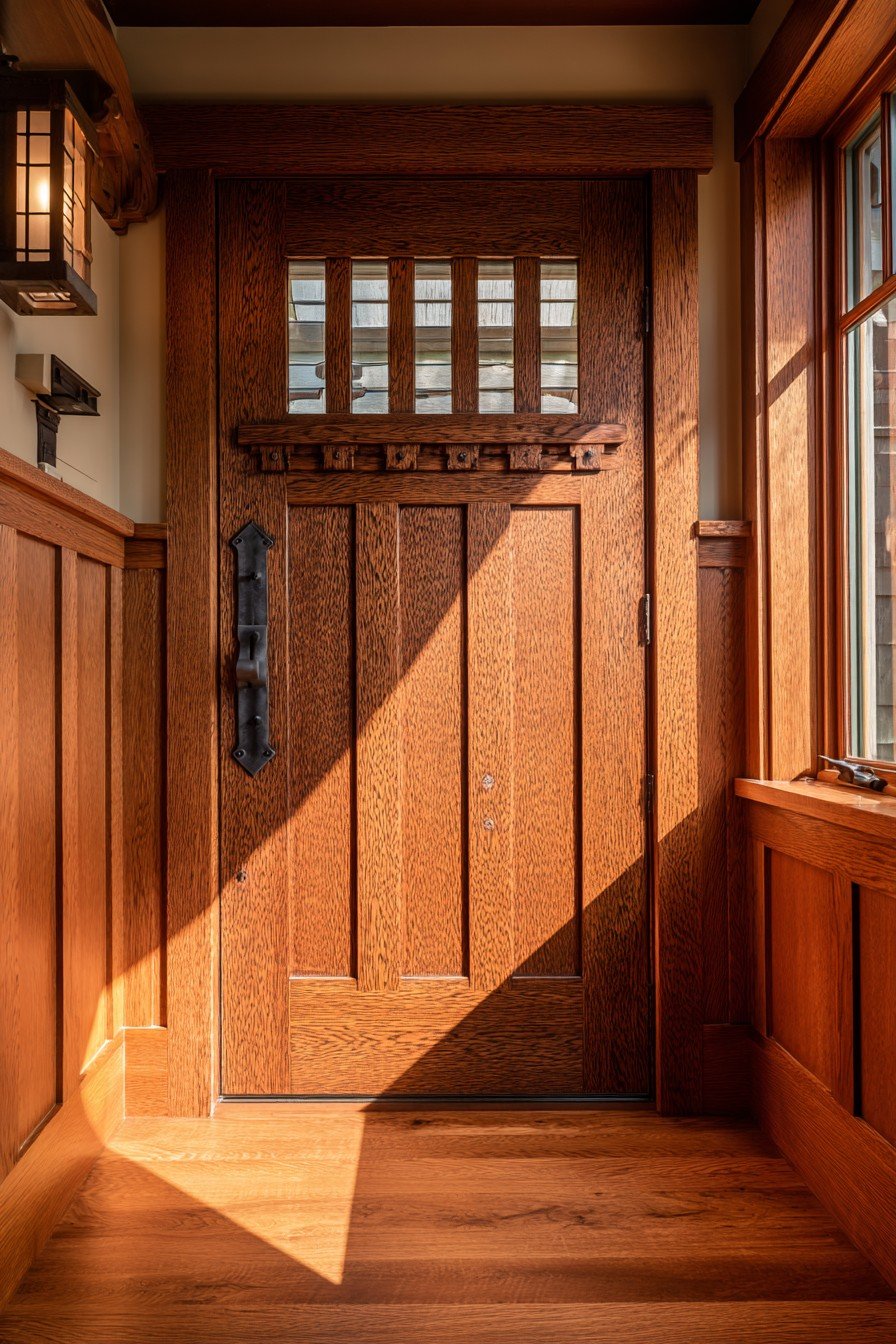Craftsman quarter-sawn oak bedroom door with three panels, iron strap hinges and a window seat beyond
