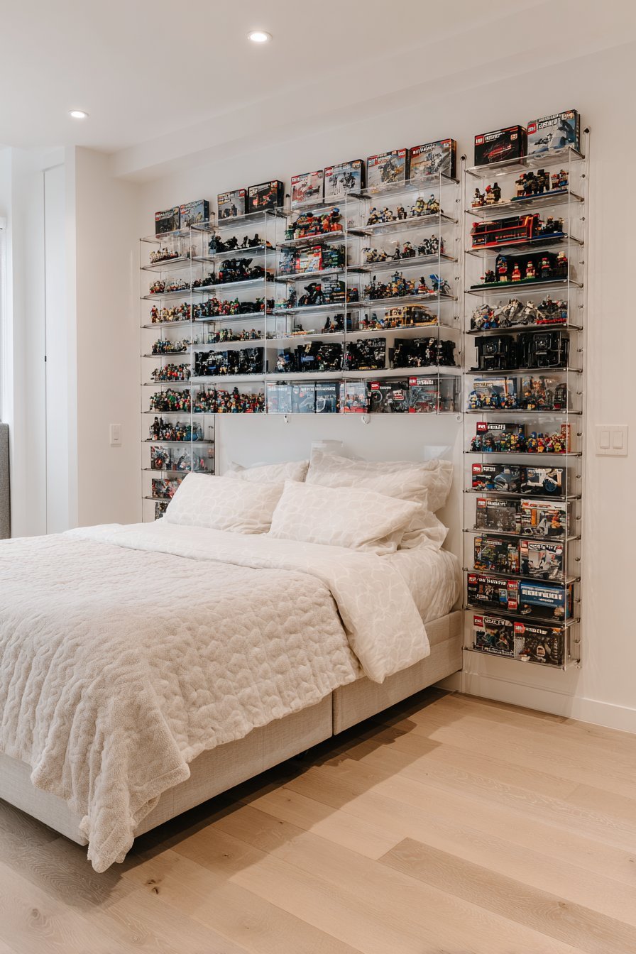 Tilted clear acrylic magazine holders on a bedroom wall with sorted Lego, a floating shelf and minifigure shadow boxes