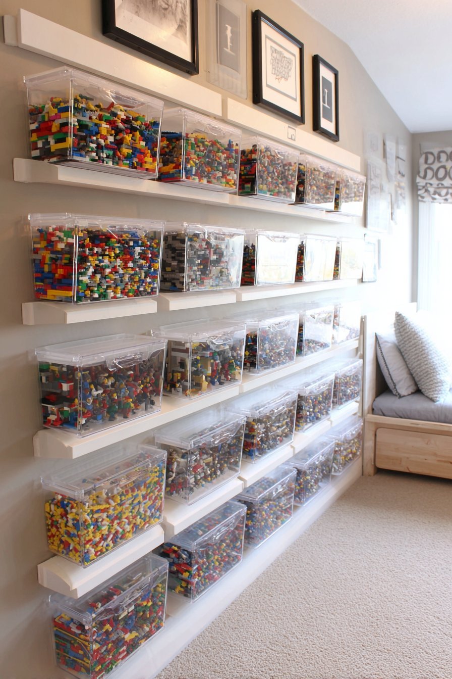 Tilted clear acrylic magazine holders on a bedroom wall with sorted Lego, a floating shelf and minifigure shadow boxes