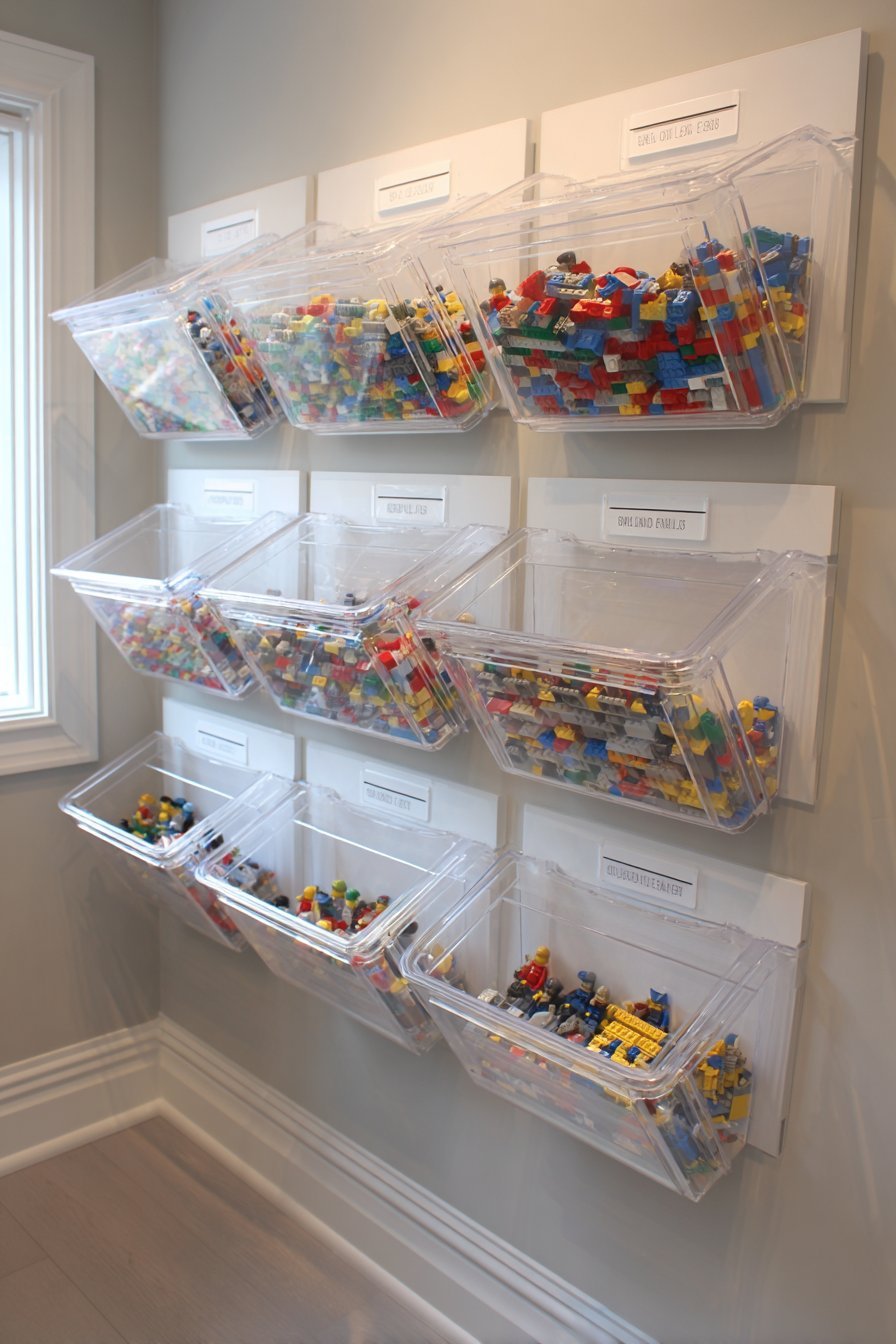 Tilted clear acrylic magazine holders on a bedroom wall with sorted Lego, a floating shelf and minifigure shadow boxes