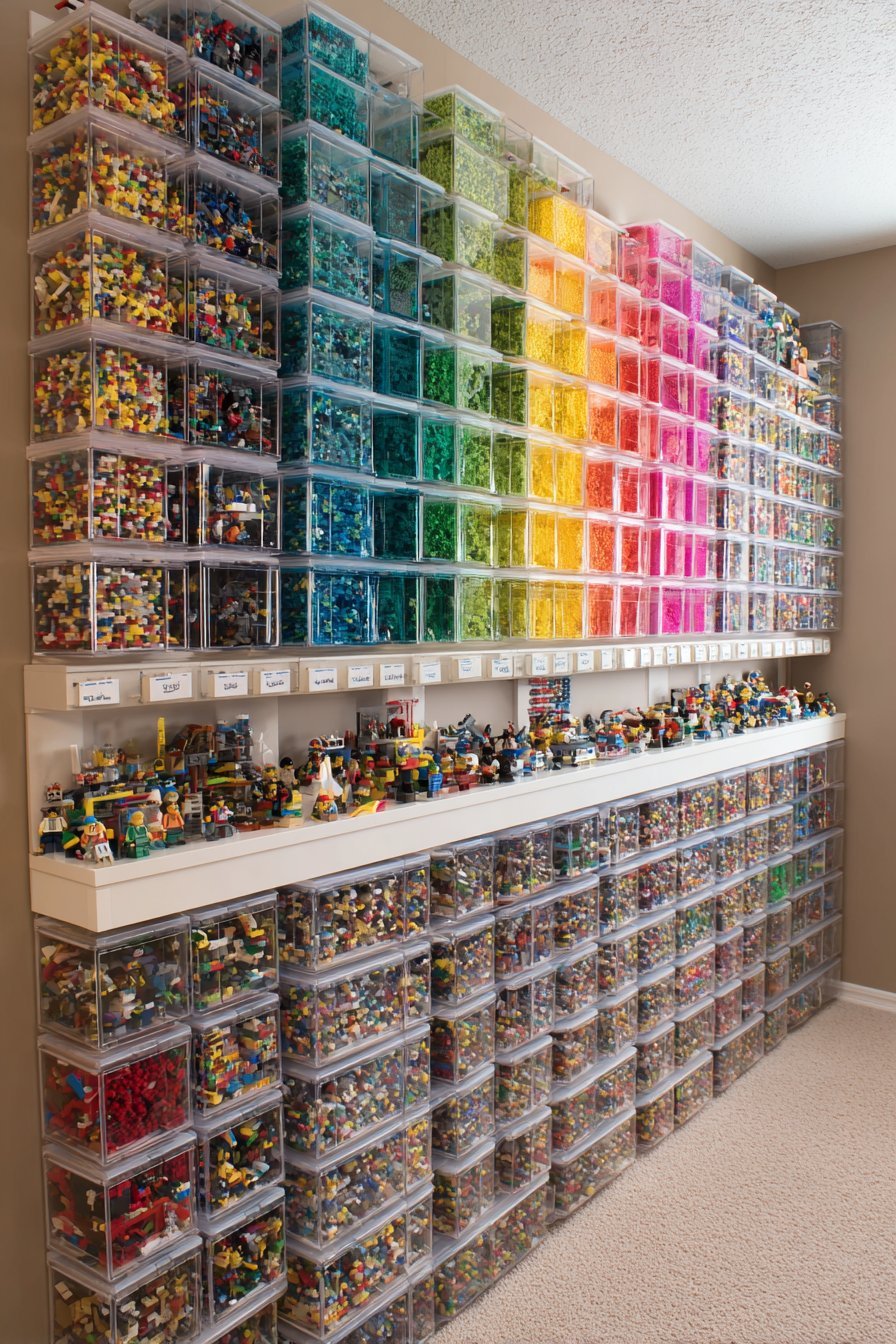 Tilted clear acrylic magazine holders on a bedroom wall with sorted Lego, a floating shelf and minifigure shadow boxes