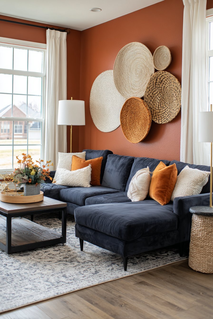 Terracotta feature wall with woven baskets behind a navy velvet sectional and mustard throw pillows