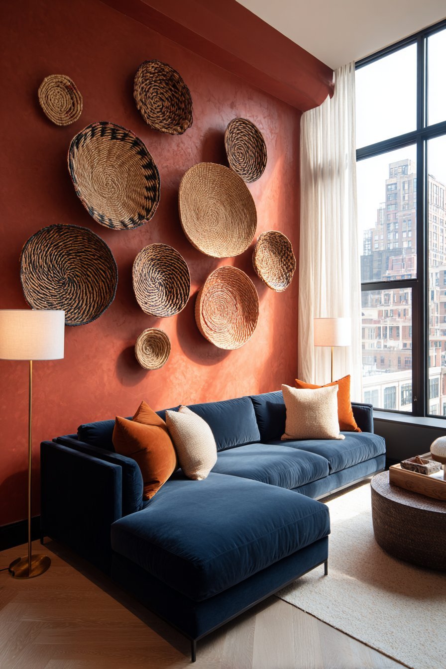 Terracotta feature wall with woven baskets behind a navy velvet sectional and mustard throw pillows