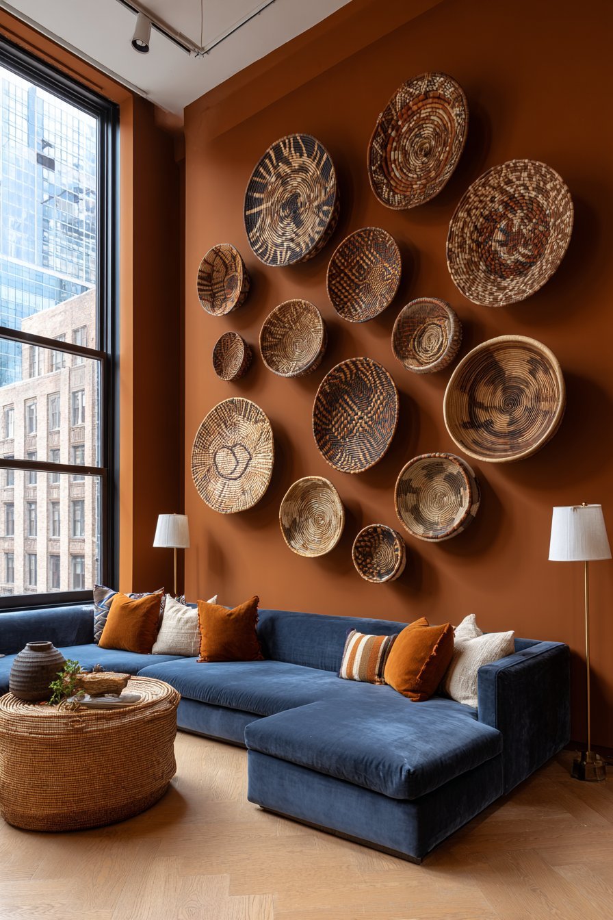 Terracotta feature wall with woven baskets behind a navy velvet sectional and mustard throw pillows