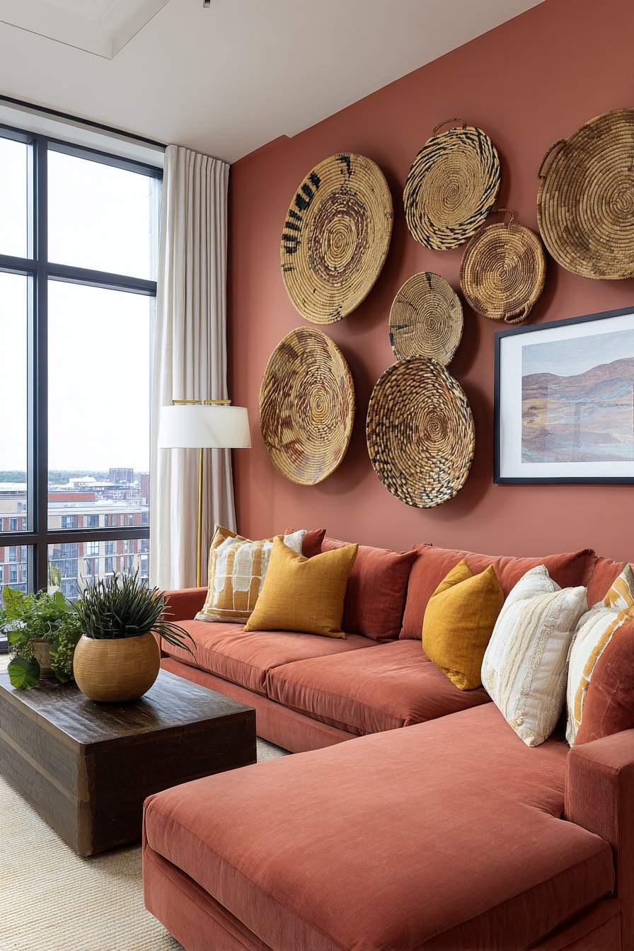 Terracotta feature wall with woven baskets behind a navy velvet sectional and mustard throw pillows