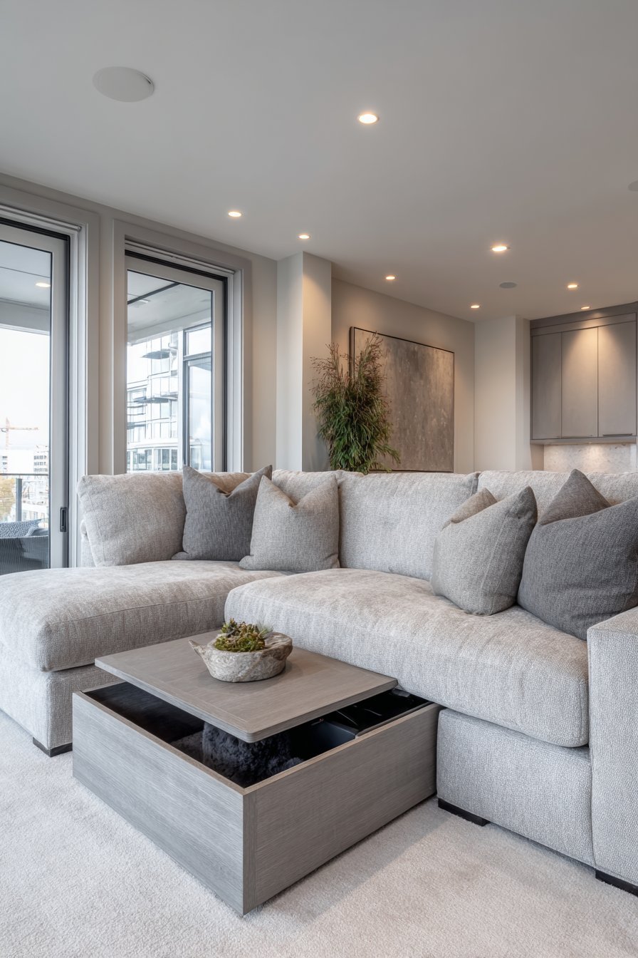 Charcoal sectional with pull-out chaise storage drawers and a lift-top coffee table