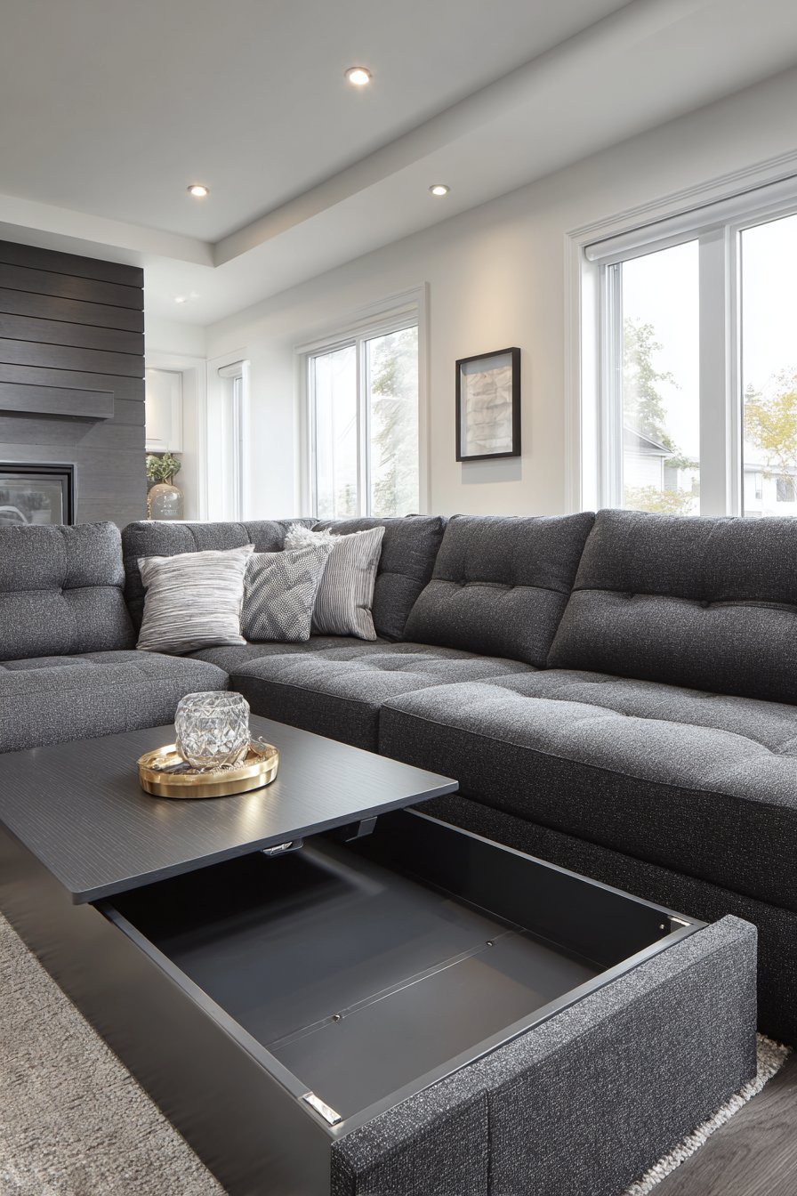 Charcoal sectional with pull-out chaise storage drawers and a lift-top coffee table