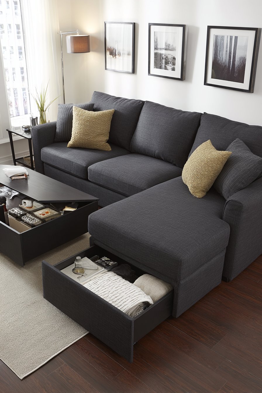 Charcoal sectional with pull-out chaise storage drawers and a lift-top coffee table