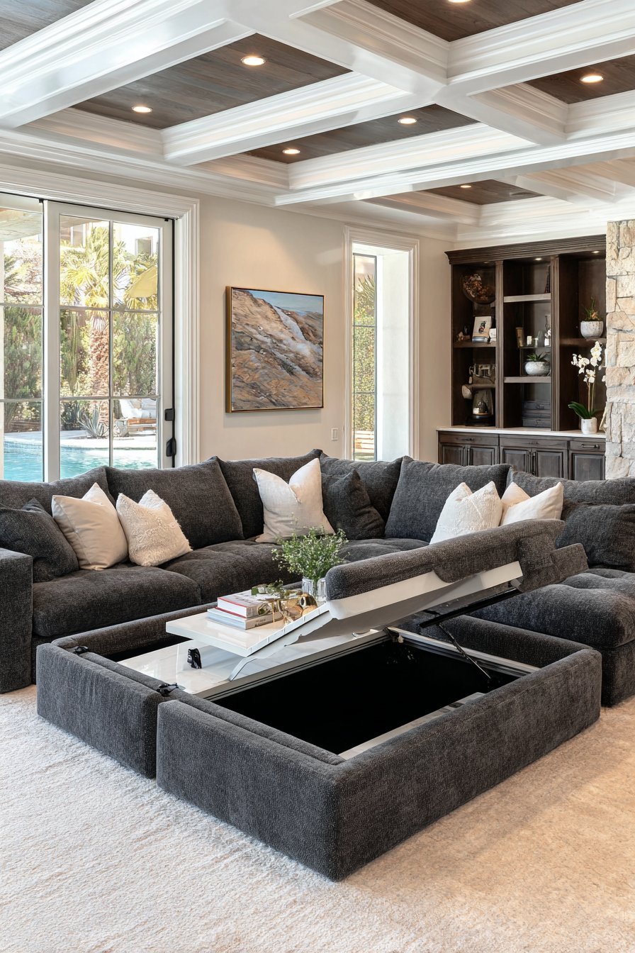 Charcoal sectional with pull-out chaise storage drawers and a lift-top coffee table