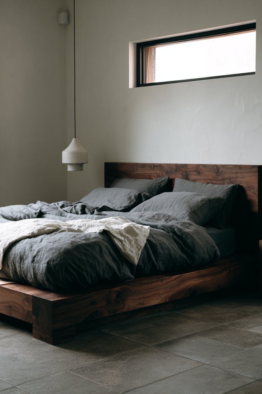Low dark walnut Japanese platform bed with charcoal sheets, grey tile floor and a high narrow horizontal window