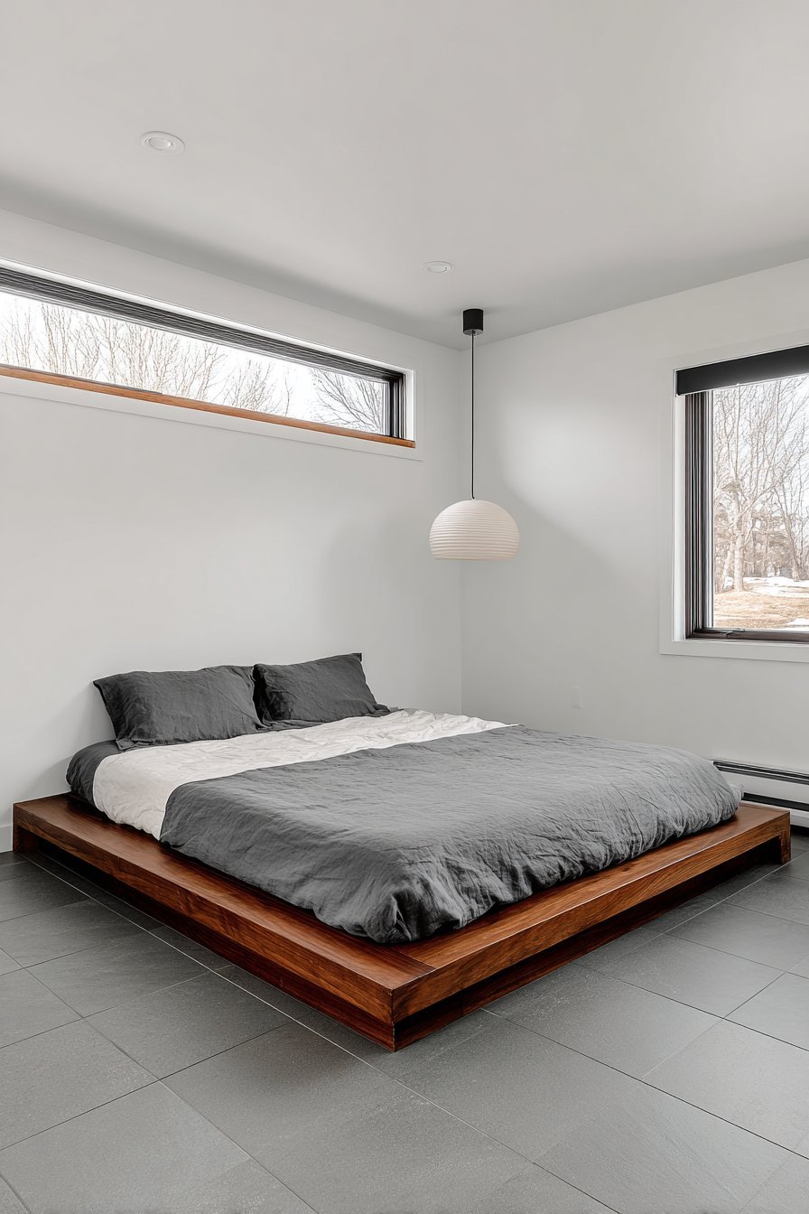 Low dark walnut Japanese platform bed with charcoal sheets, grey tile floor and a high narrow horizontal window