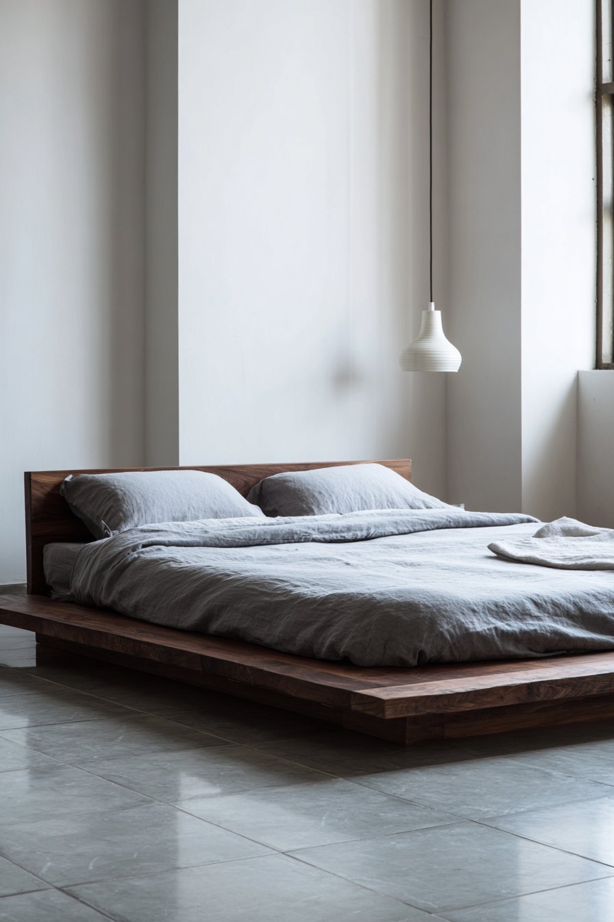 Low dark walnut Japanese platform bed with charcoal sheets, grey tile floor and a high narrow horizontal window