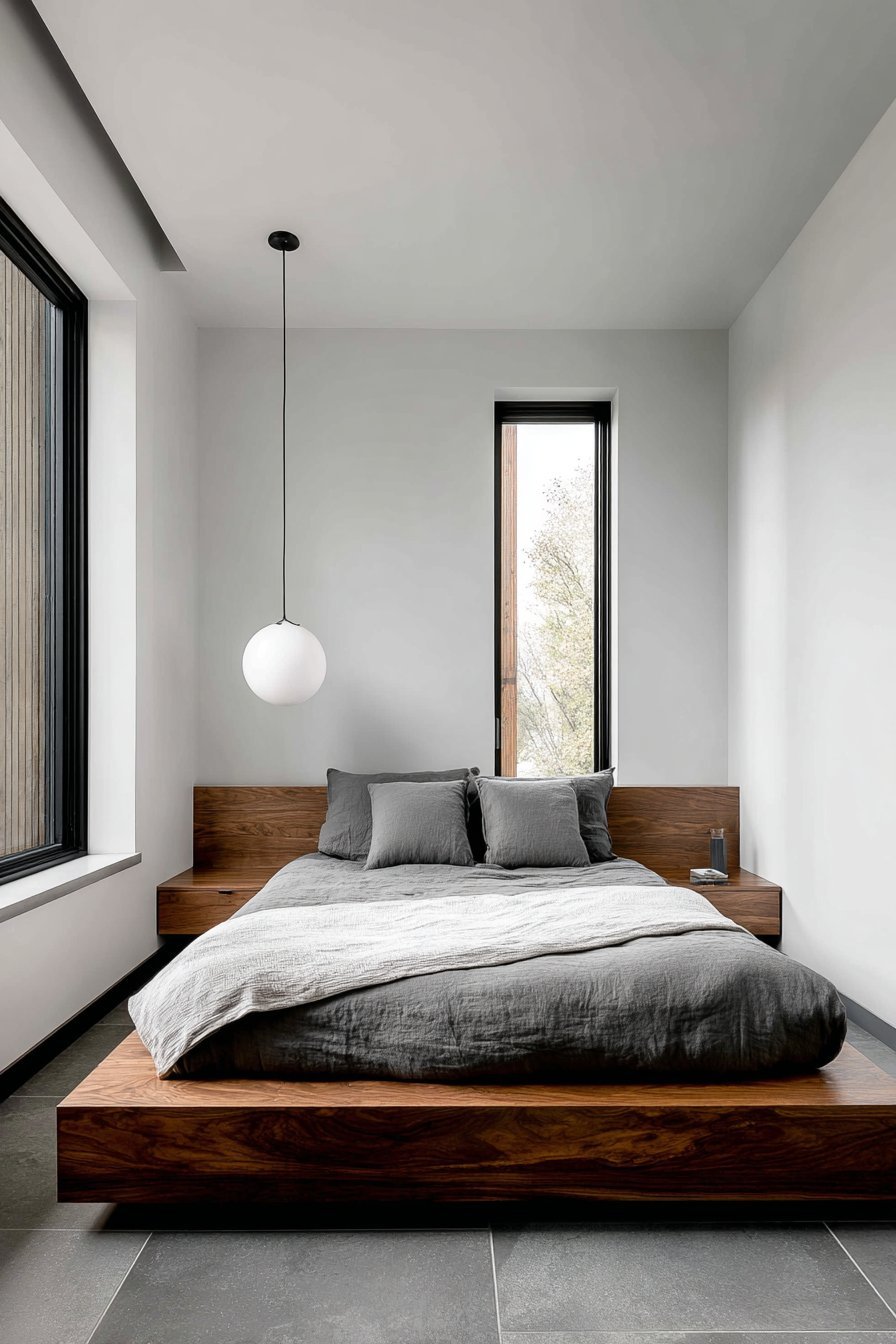 Low dark walnut Japanese platform bed with charcoal sheets, grey tile floor and a high narrow horizontal window
