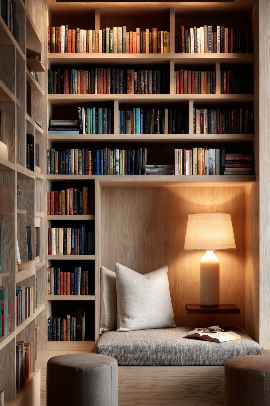 Floor-to-ceiling pale ash bookshelves with LED strips, built-in bench seat and grey linen armchair