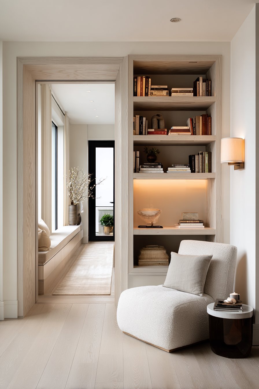 Floor-to-ceiling pale ash bookshelves with LED strips, built-in bench seat and grey linen armchair