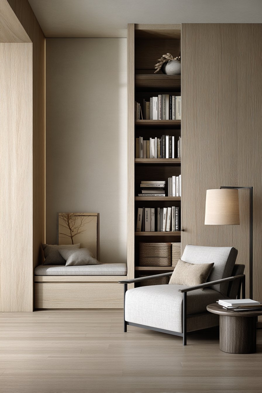 Floor-to-ceiling pale ash bookshelves with LED strips, built-in bench seat and grey linen armchair