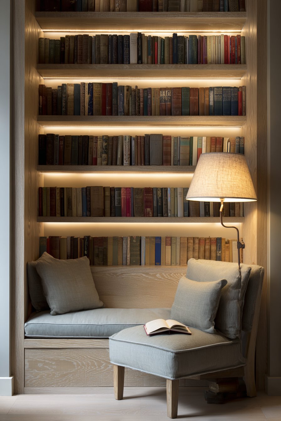 Floor-to-ceiling pale ash bookshelves with LED strips, built-in bench seat and grey linen armchair
