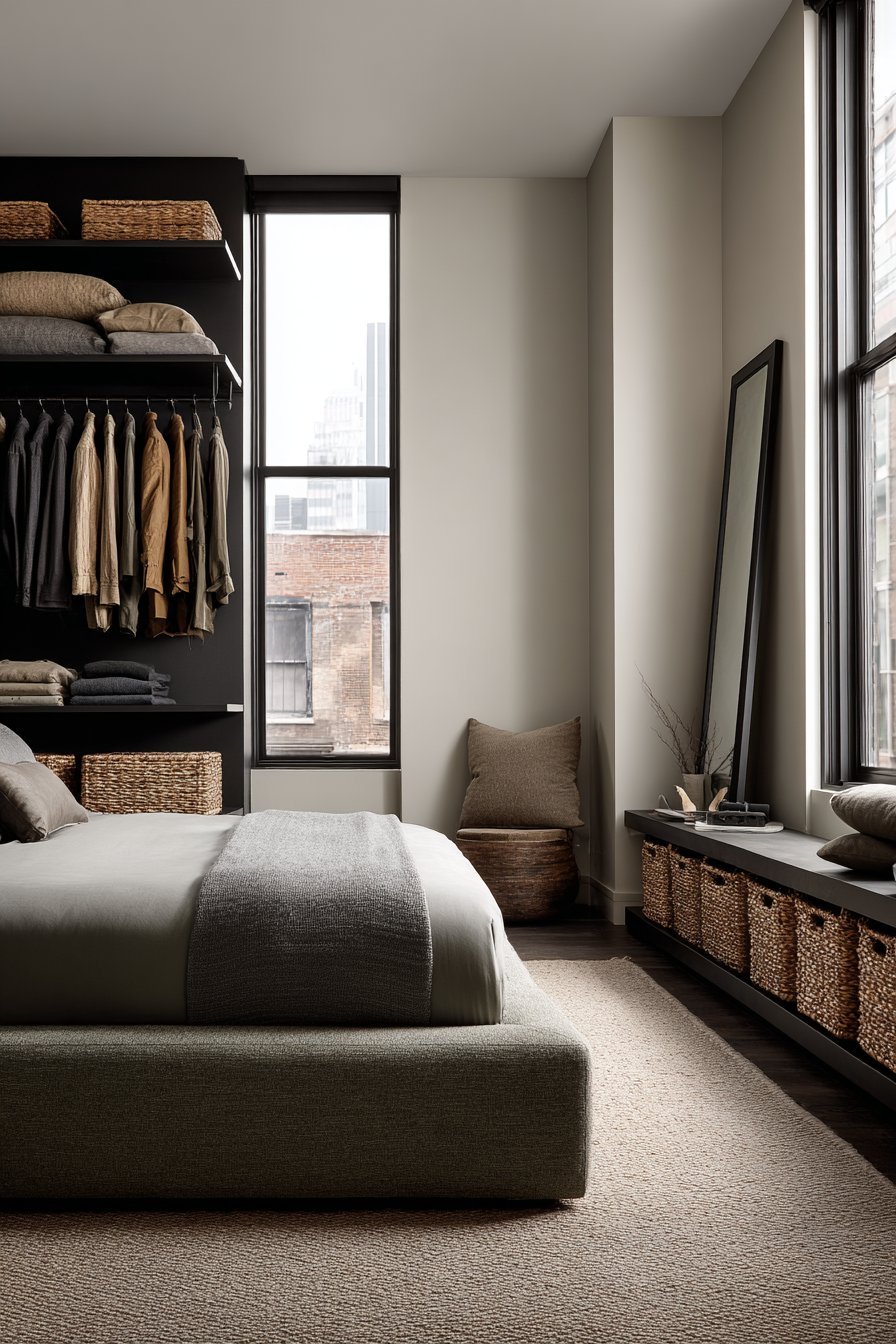 Open wall-mounted black clothing rail with color-sorted garments and woven baskets beside a grey bed