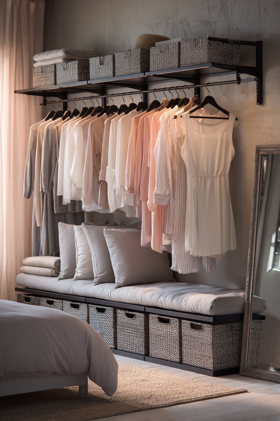 Open wall-mounted black clothing rail with color-sorted garments and woven baskets beside a grey bed