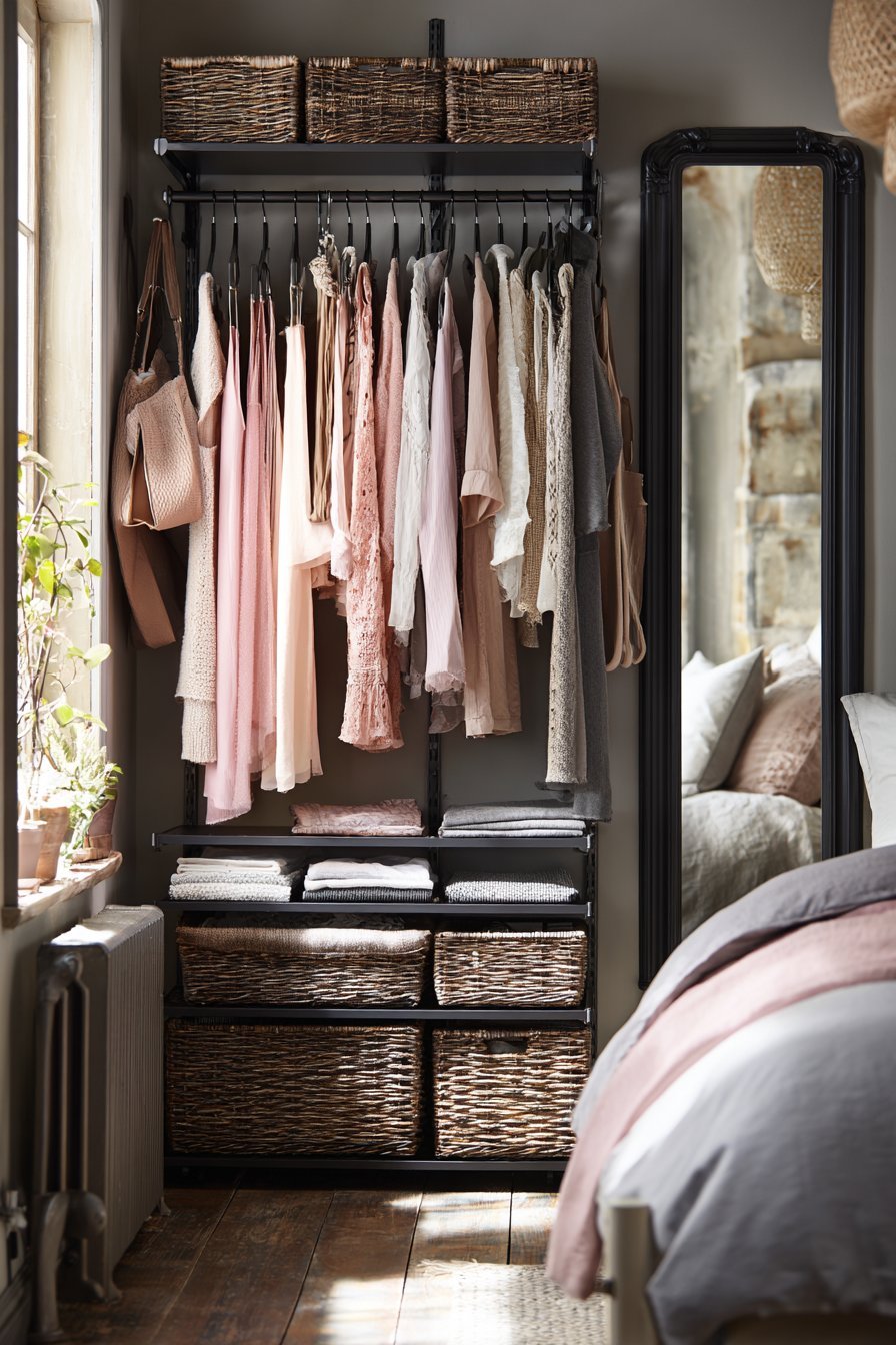Open wall-mounted black clothing rail with color-sorted garments and woven baskets beside a grey bed