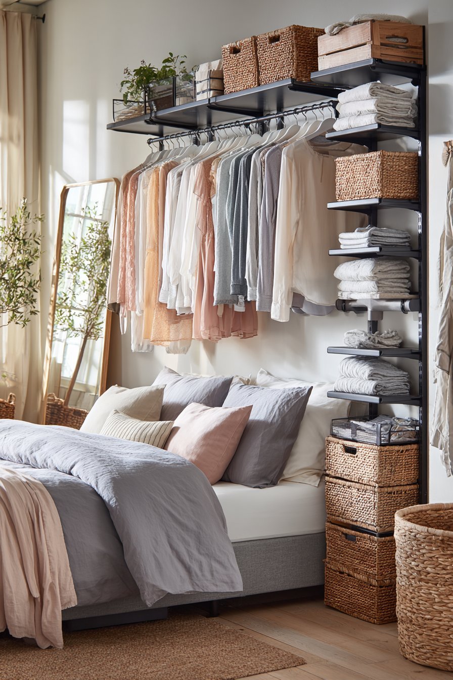 Open wall-mounted black clothing rail with color-sorted garments and woven baskets beside a grey bed