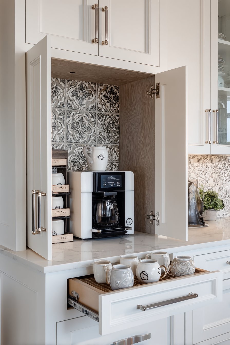 Hidden coffee station in an open cabinet with pull-out shelf, mug hooks and cement tile backsplash