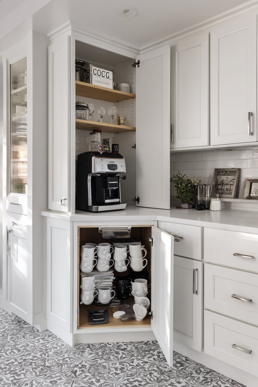 Hidden coffee station in an open cabinet with pull-out shelf, mug hooks and cement tile backsplash