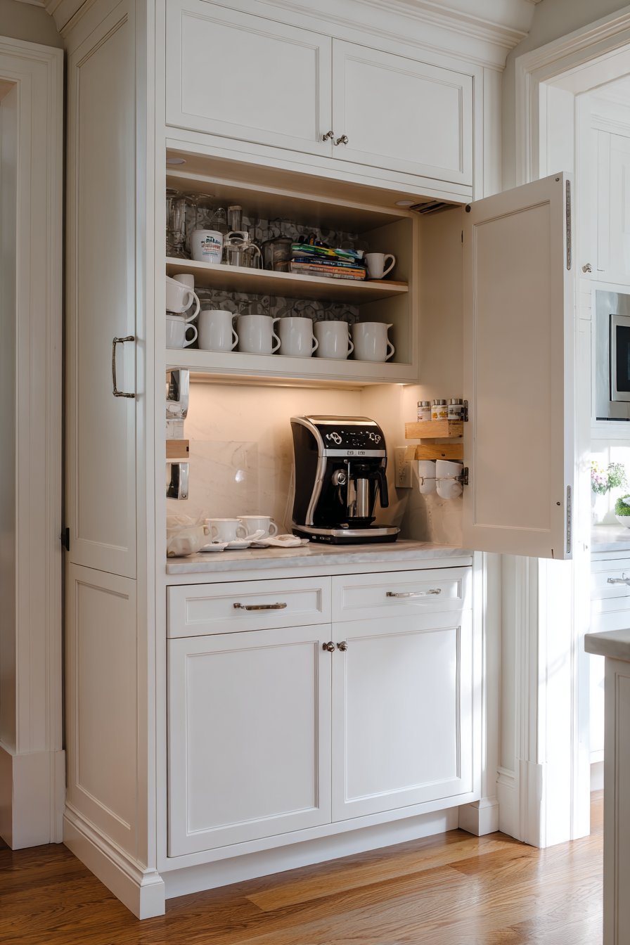 Hidden coffee station in an open cabinet with pull-out shelf, mug hooks and cement tile backsplash