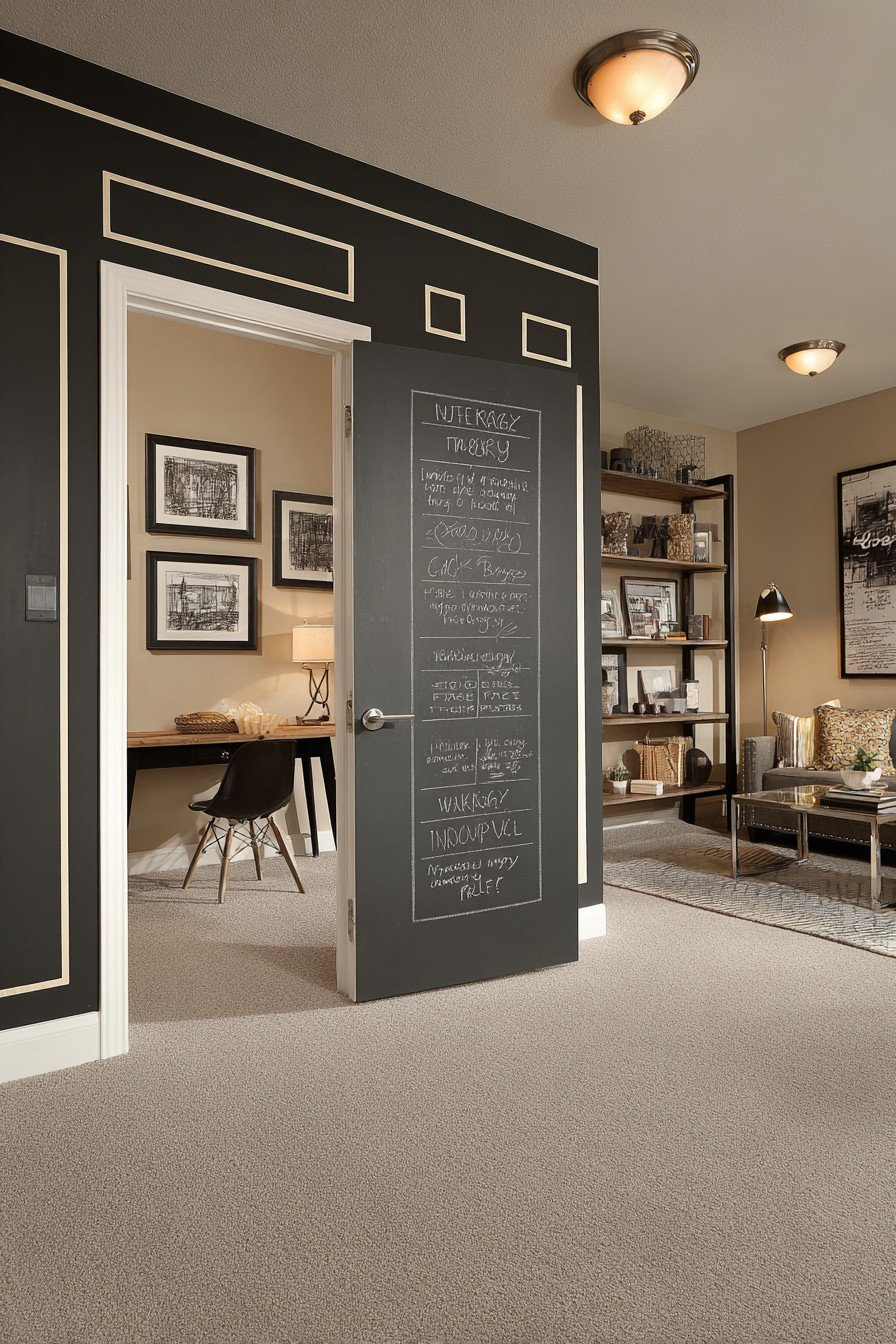 Charcoal magnetic chalkboard bedroom door with white trim, steel handle and weekly schedule in chalk