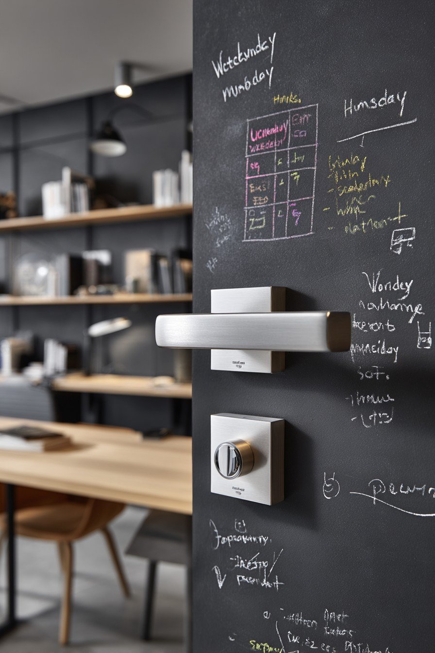Charcoal magnetic chalkboard bedroom door with white trim, steel handle and weekly schedule in chalk