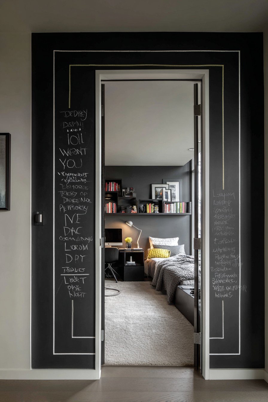 Charcoal magnetic chalkboard bedroom door with white trim, steel handle and weekly schedule in chalk