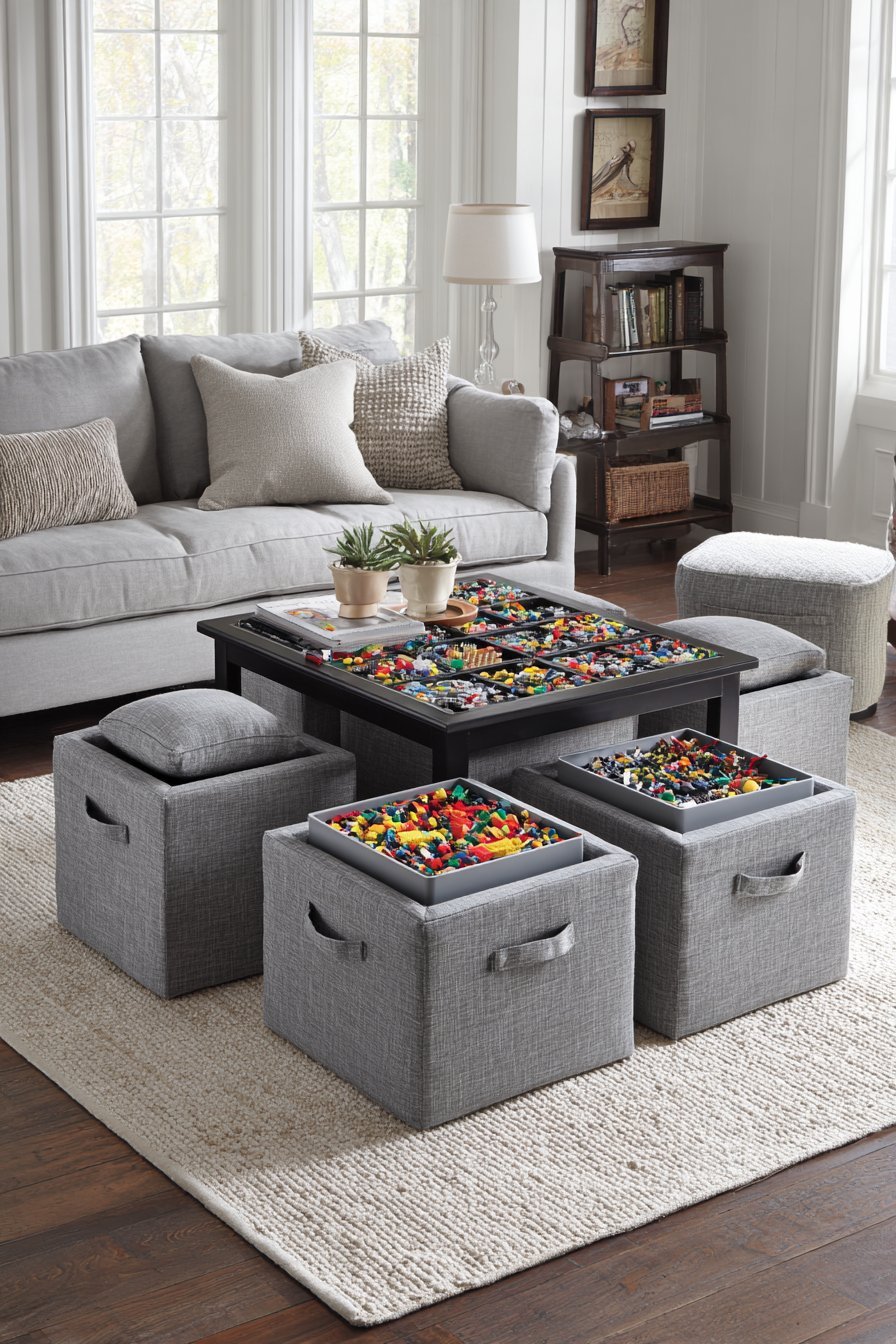 Four grey canvas cube ottomans with hidden Lego storage around a low play table in a playroom