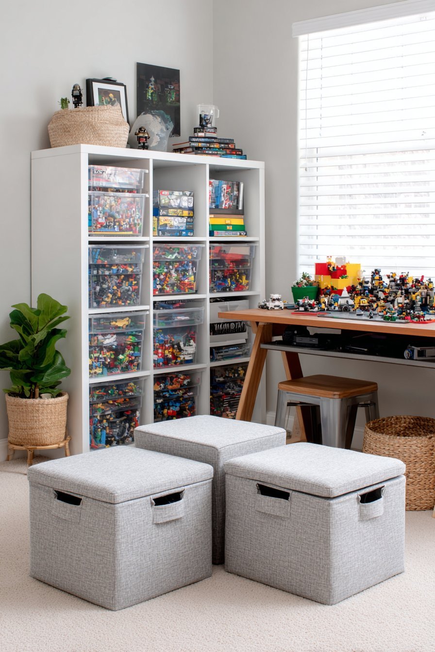 Four grey canvas cube ottomans with hidden Lego storage around a low play table in a playroom