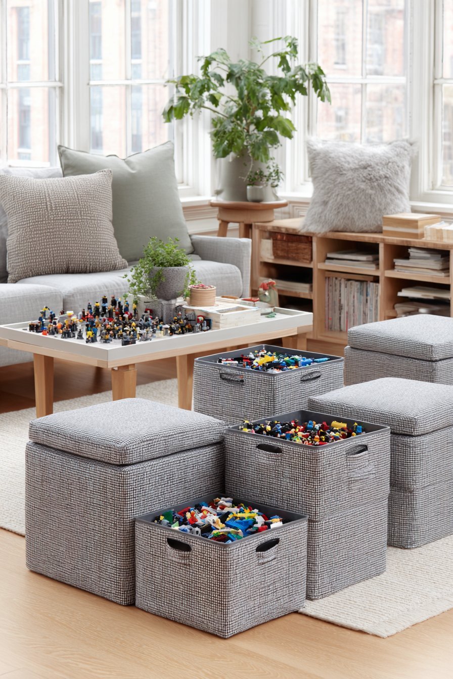 Four grey canvas cube ottomans with hidden Lego storage around a low play table in a playroom