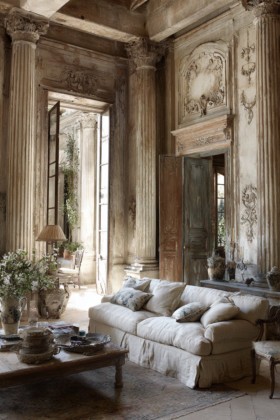 French country living room with antique window frame, wooden shutters and plaster medallions on butter yellow walls