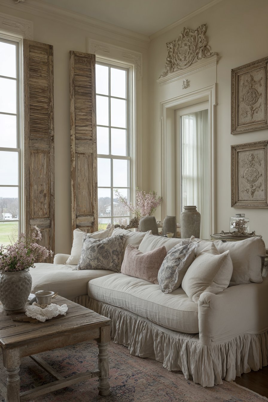 French country living room with antique window frame, wooden shutters and plaster medallions on butter yellow walls